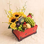 Radiant Sunflower & Fresh Fruits Wooden Basket