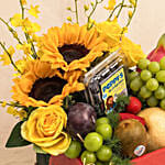 Radiant Sunflower & Fresh Fruits Wooden Basket