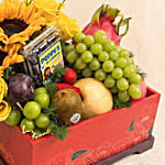 Radiant Sunflower & Fresh Fruits Wooden Basket
