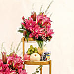 Luxurious Grandeur Flowers & Fresh Fruit Golden Stand
