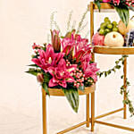 Luxurious Grandeur Flowers & Fresh Fruit Golden Stand