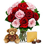 One Dozen Valentine Red & Pink Roses With And A Bear