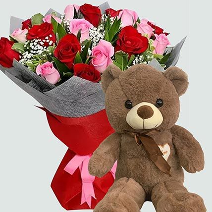 Pink and Red Roses Bouquet with Brown Teddy Delivery in Singapore - FNP SG