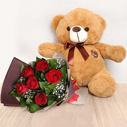 Romantic Red Roses Bouquet with Brown Teddy Delivery in Singapore - FNP SG