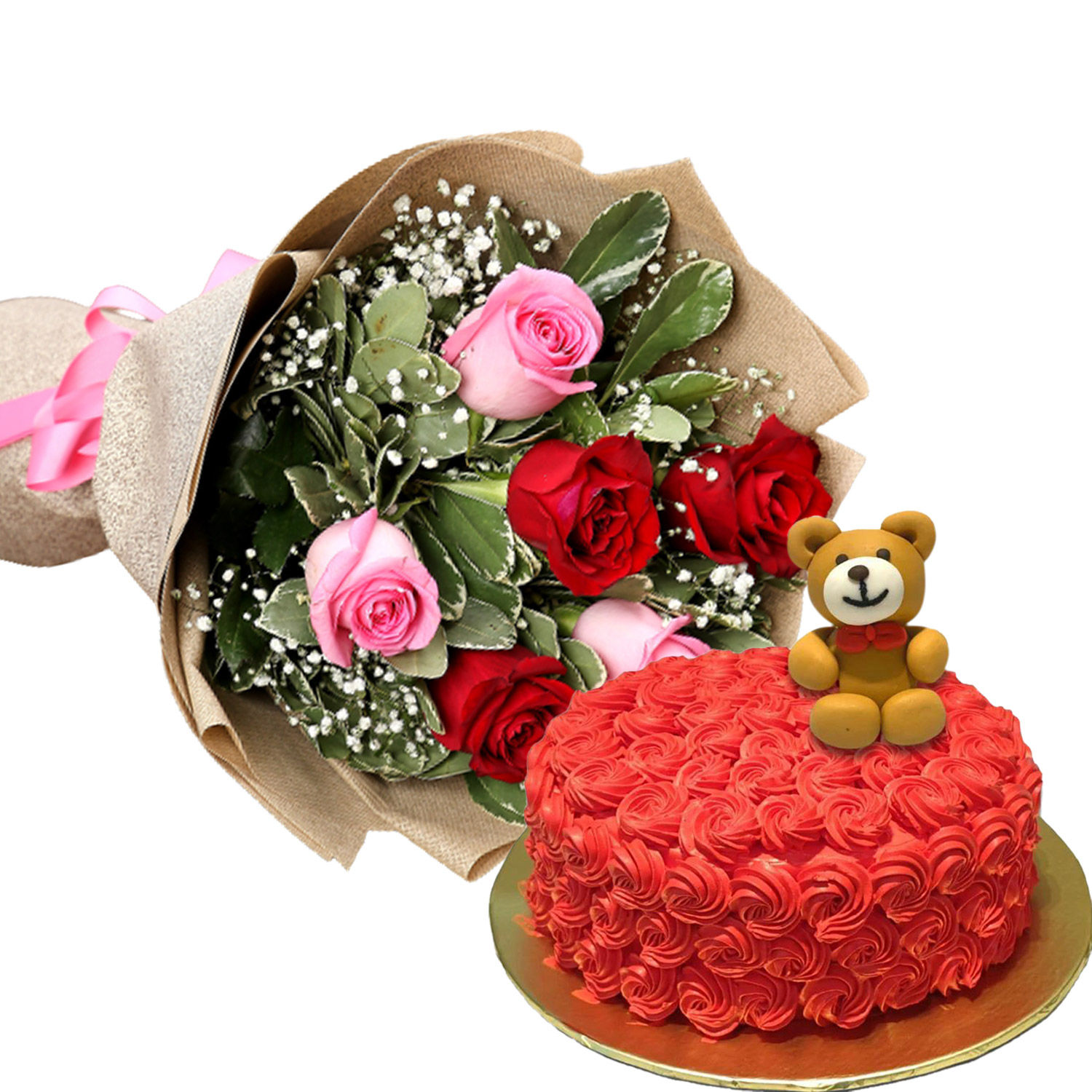 3 Pink and 3 Red Roses Bouquet with Teddy Cake Delivery in Singapore ...