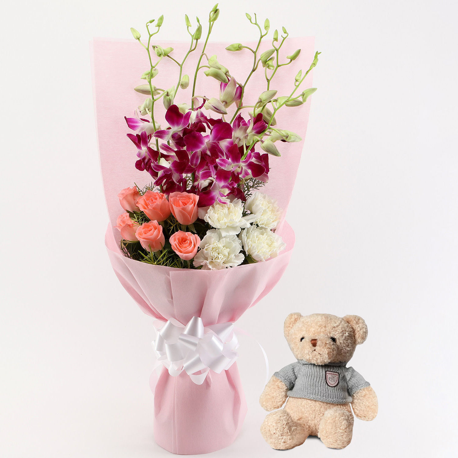 Elegant Flower Bouquet With Teddy Bear Delivery in Singapore - FNP SG
