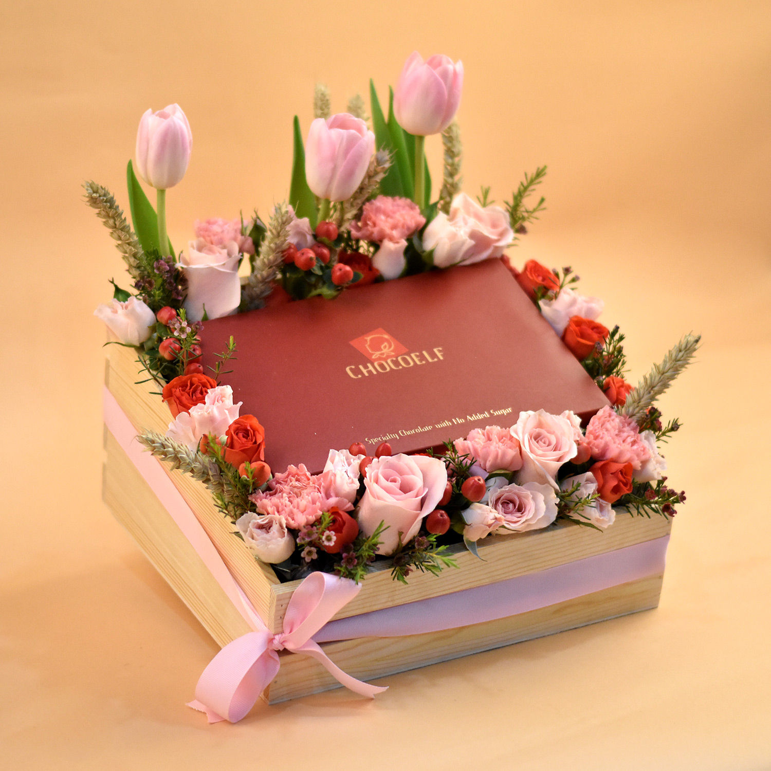 Exotic Flowers & Chocolates Wooden Crate Delivery in Singapore FNP SG