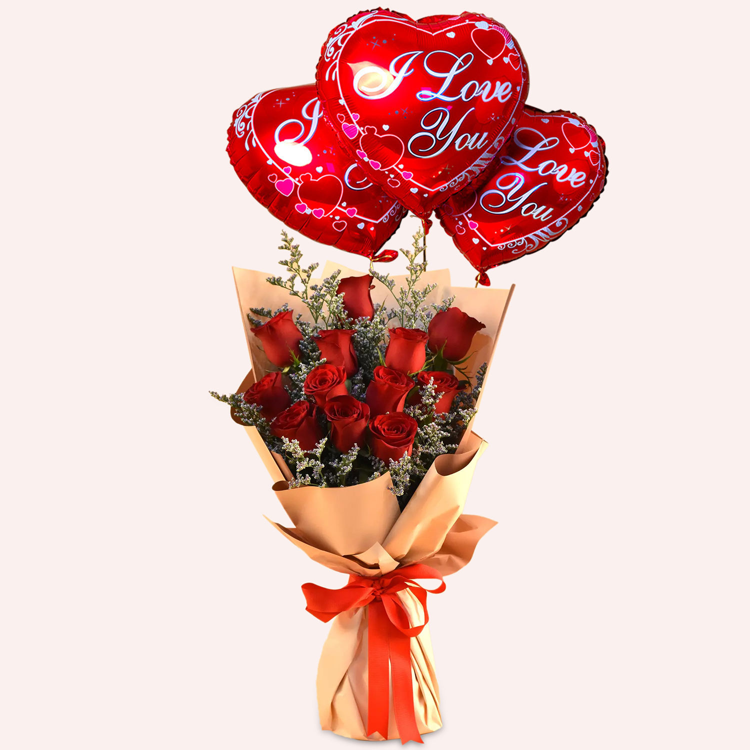 Red Roses & Limonium Beautifully Tied Bouquet with I Love You Balloon ...