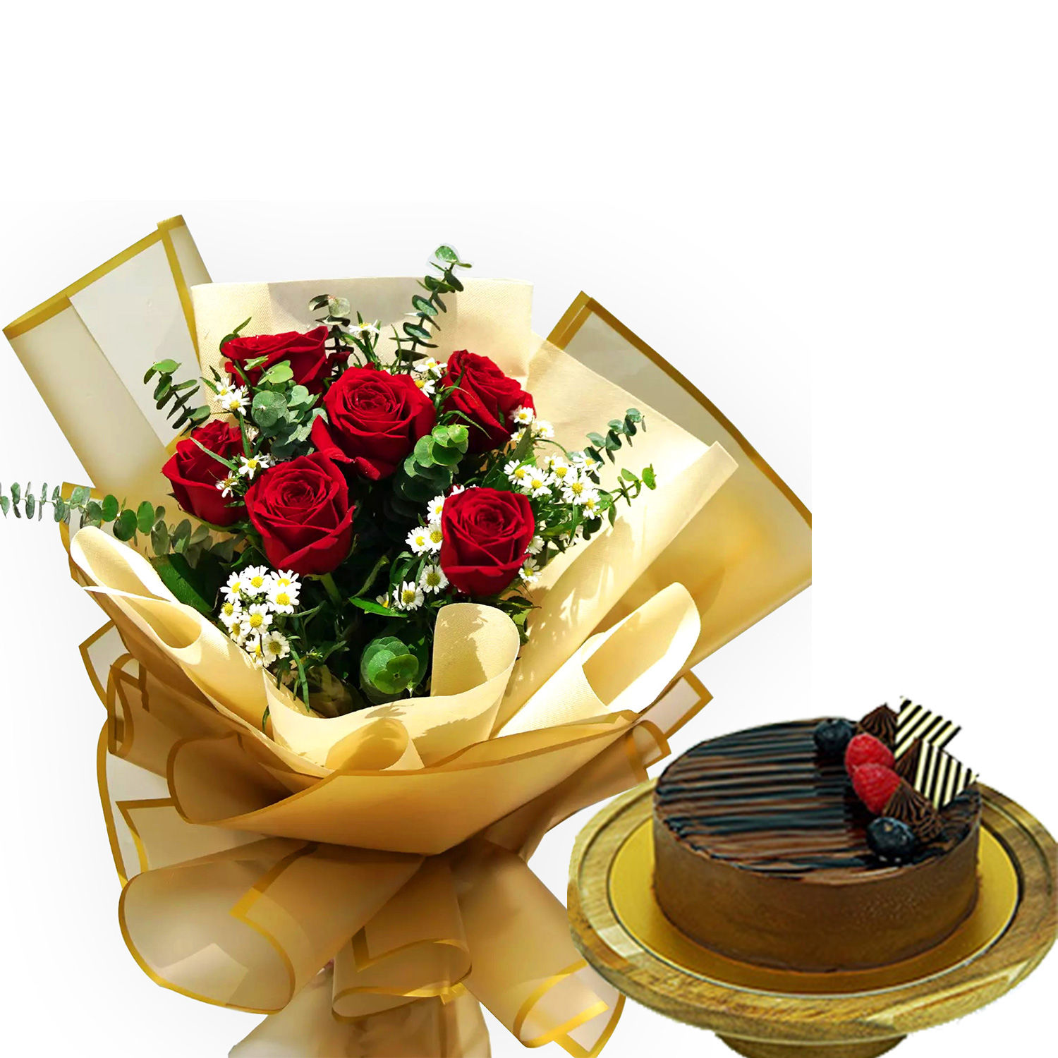 Red Roses Love Bunch With Chocolate Cake Delivery in Singapore - FNP SG