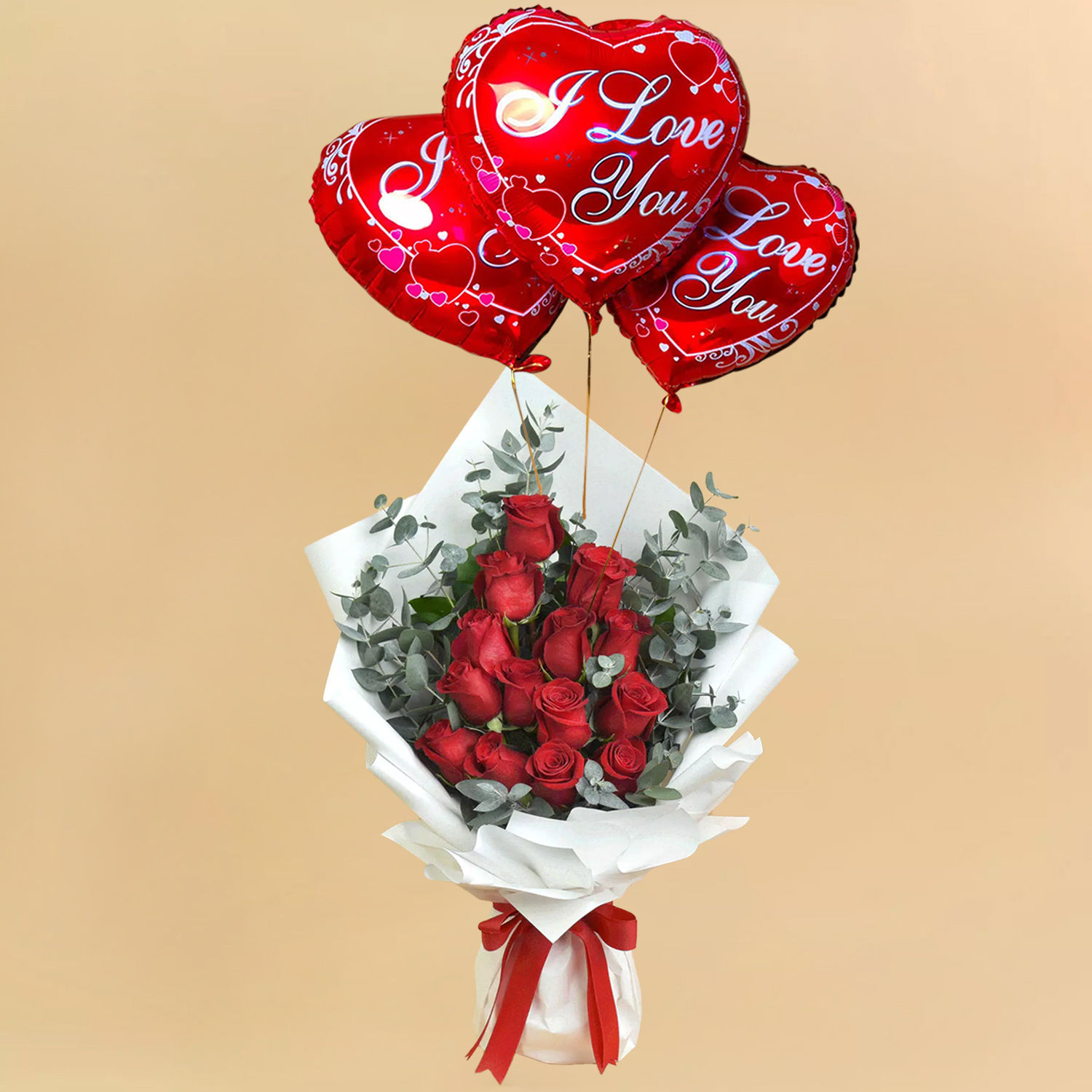 15 Red Roses And Million Smiles with I Love You Balloons Delivery in ...