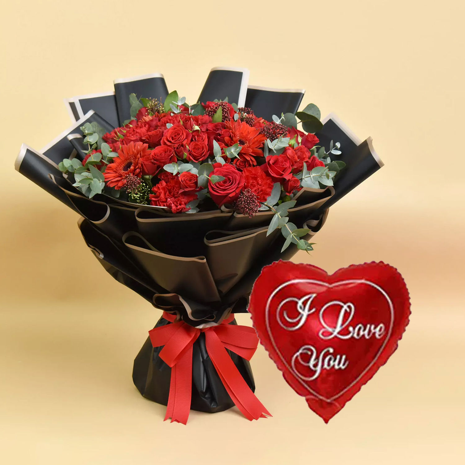 Joyful Red Bouquet With I Love You Balloon For Valentines Delivery in ...