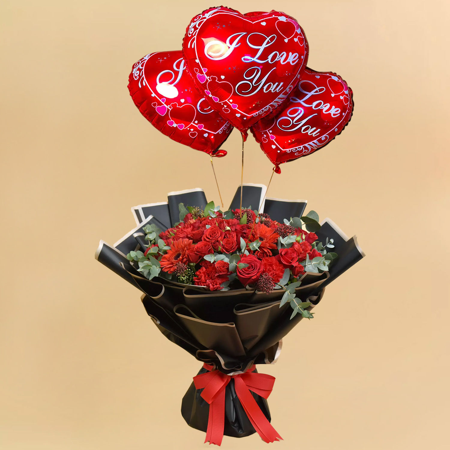 Joyful Red Bouquet with I Love You Balloons Delivery in Singapore - FNP SG