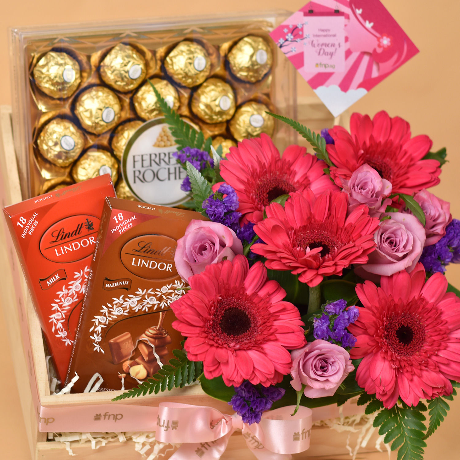 Flowers & Chocolates Wooden Crate Hamper for Women's Day Delivery in