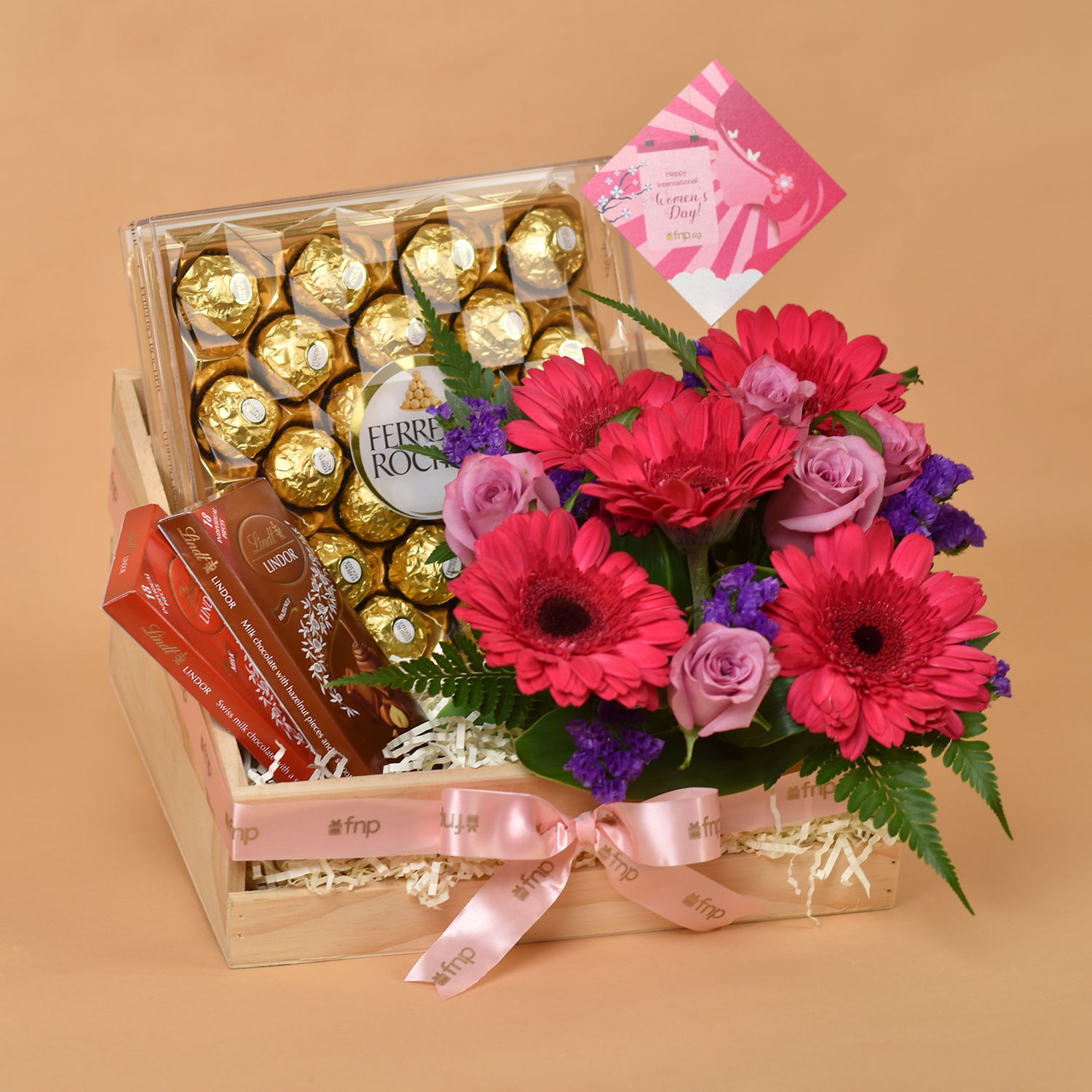 Flowers & Chocolates Wooden Crate Hamper for Women's Day Delivery in