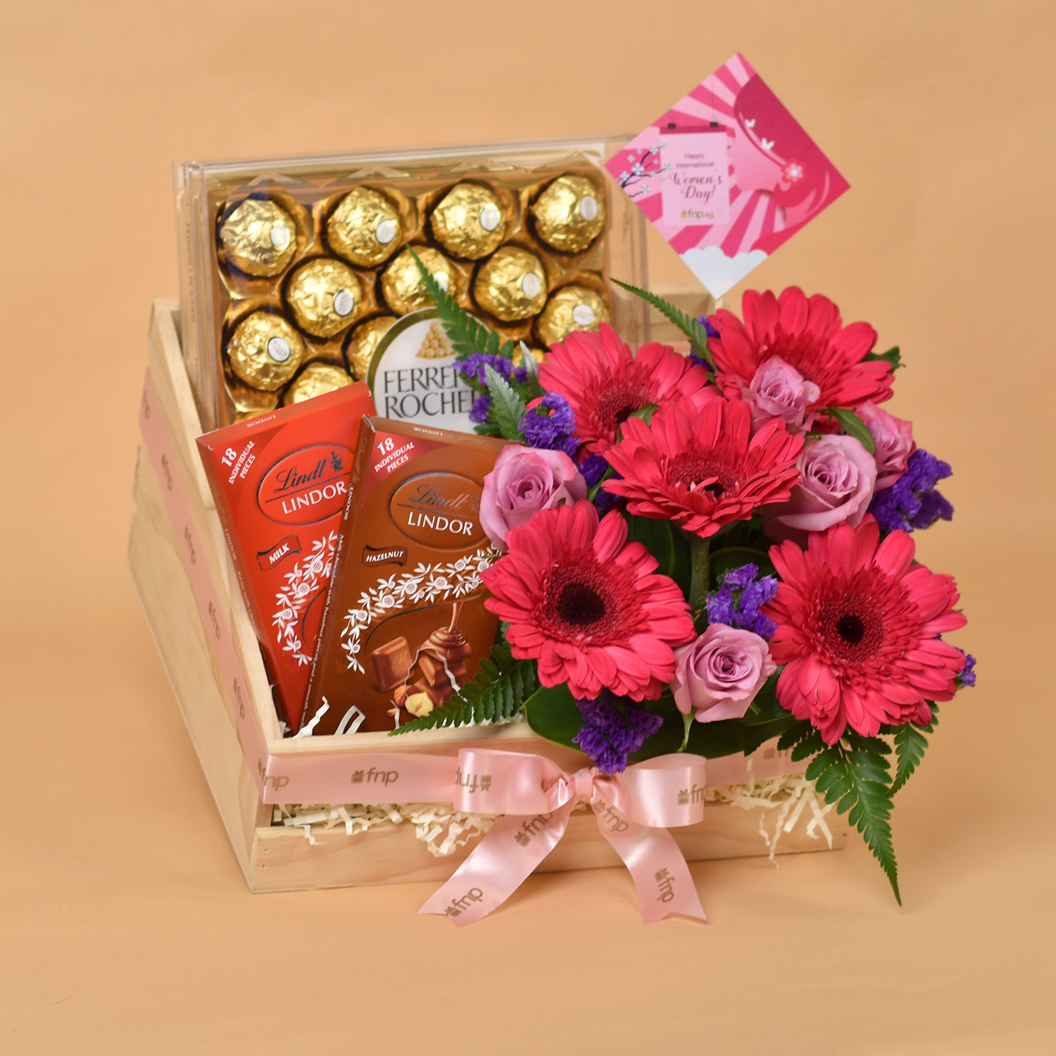 Flowers & Chocolates Wooden Crate Hamper for Women's Day Delivery in