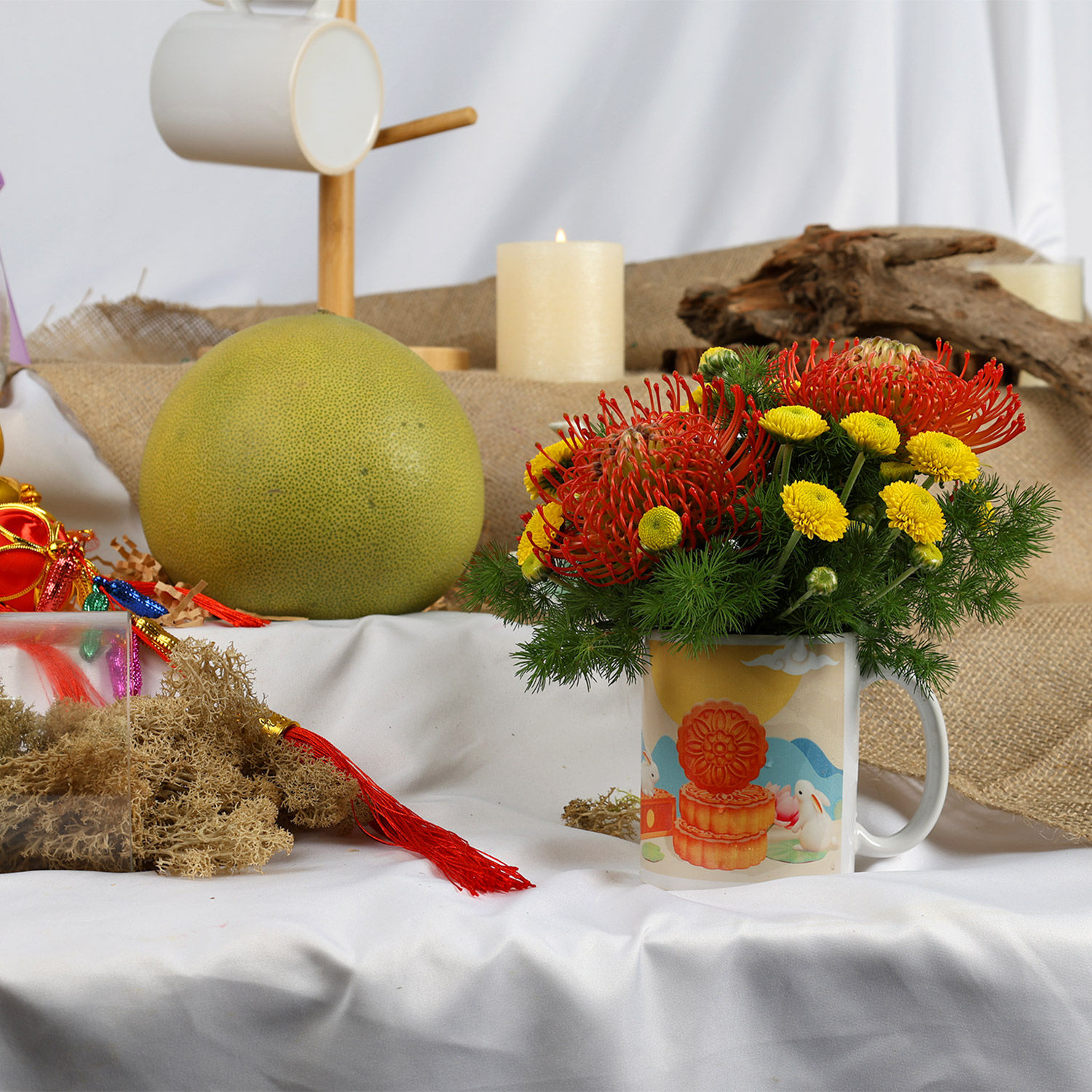 Mid Autumn Flowers in Mug and Pomelo Delivery in Singapore - FNP SG