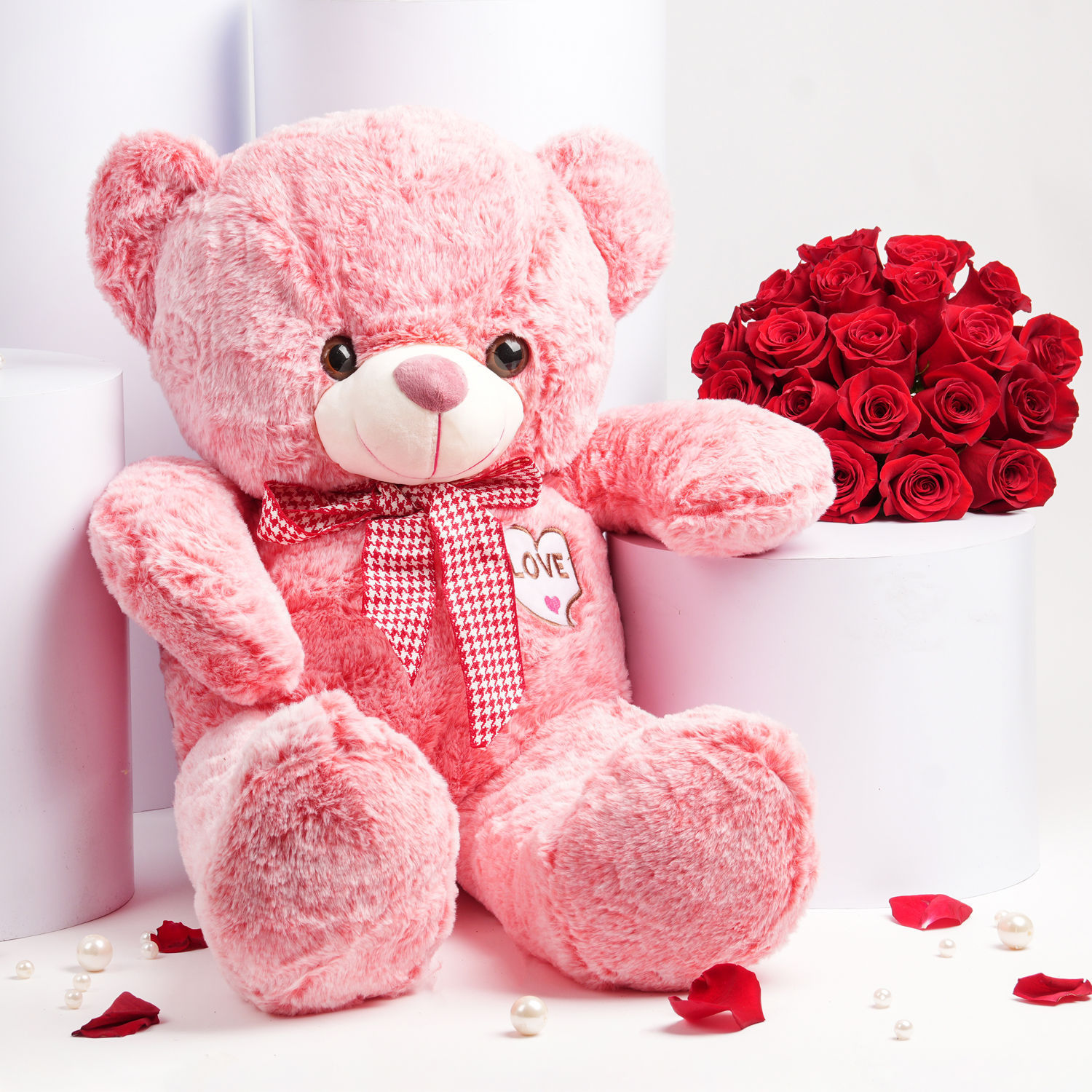 Red Roses with Big Pink Teddy Delivery in Singapore - FNP SG
