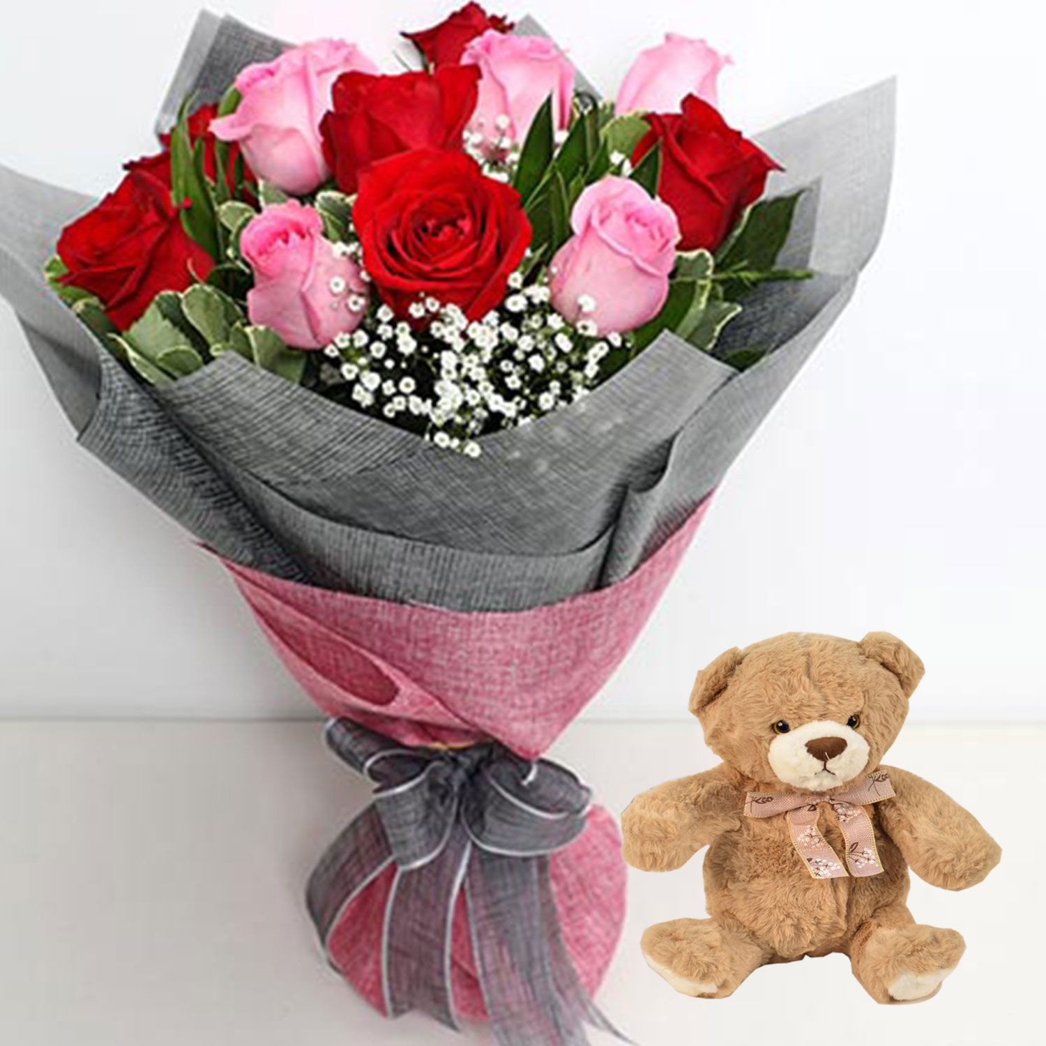 Pink and Red Roses Bouquet With Teddy Bear Delivery in Singapore - FNP SG