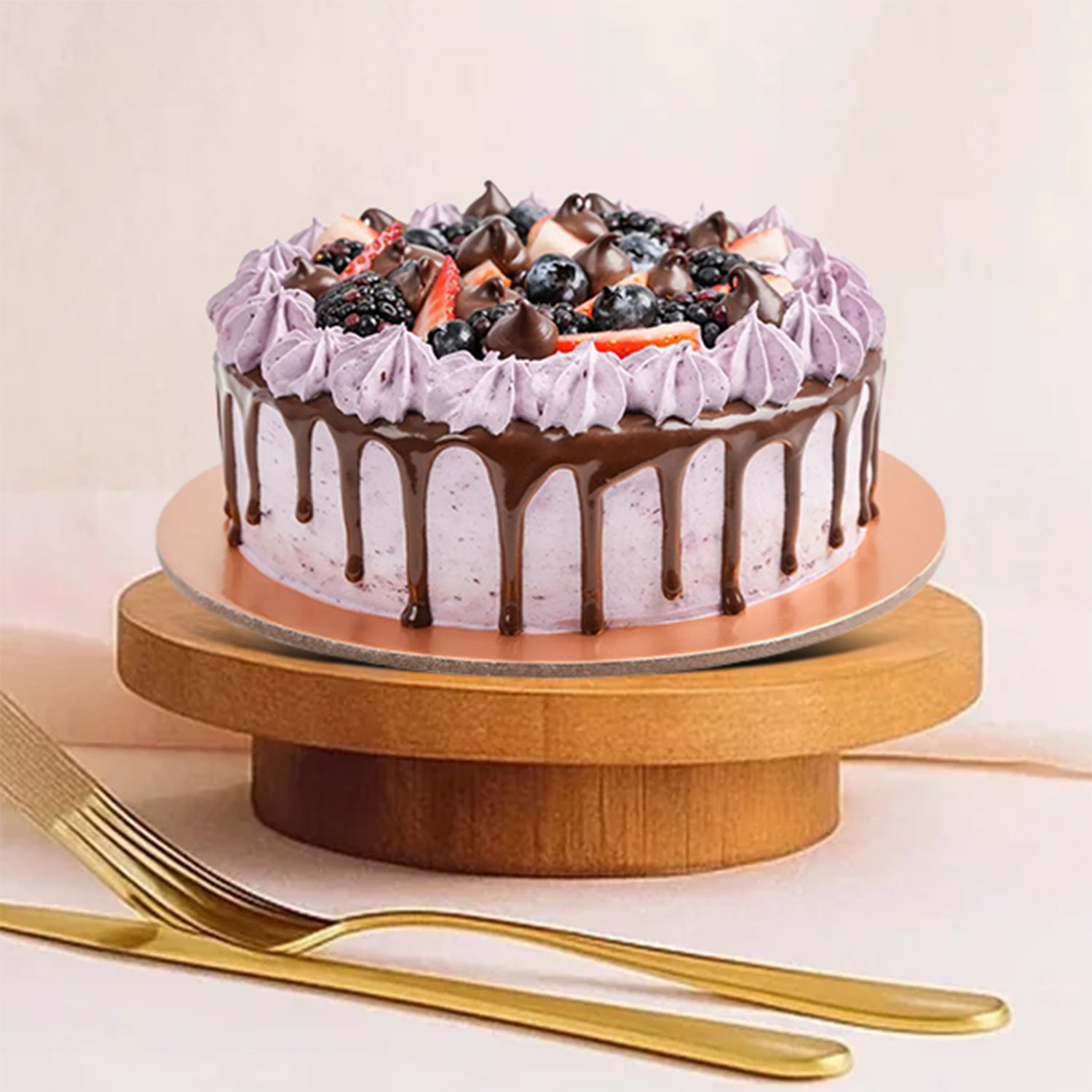 Captivating Delphinium Flower Vase and Chocolate Berry Cake Delivery in ...