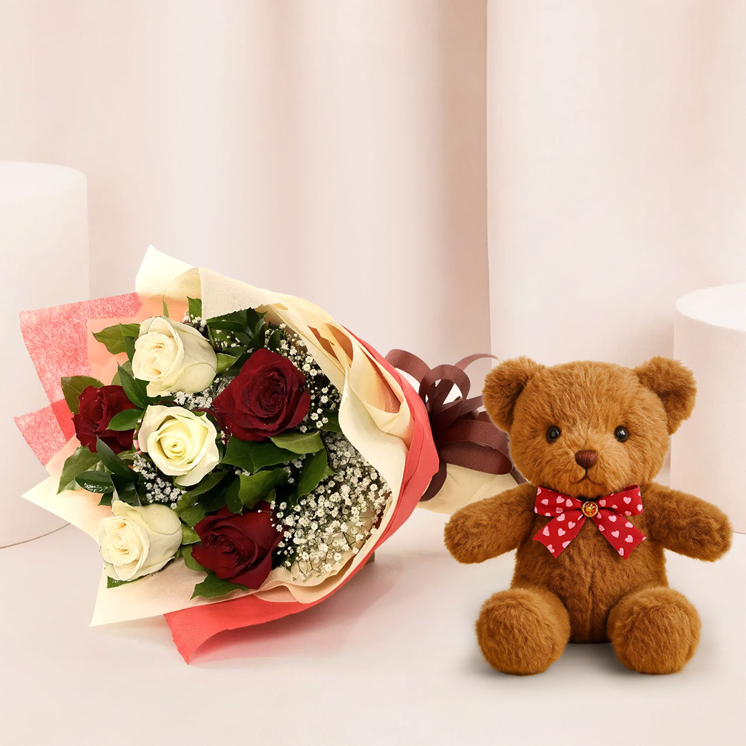 Beauty Of Red N White Roses With Teddy Bear Delivery in Singapore - FNP SG