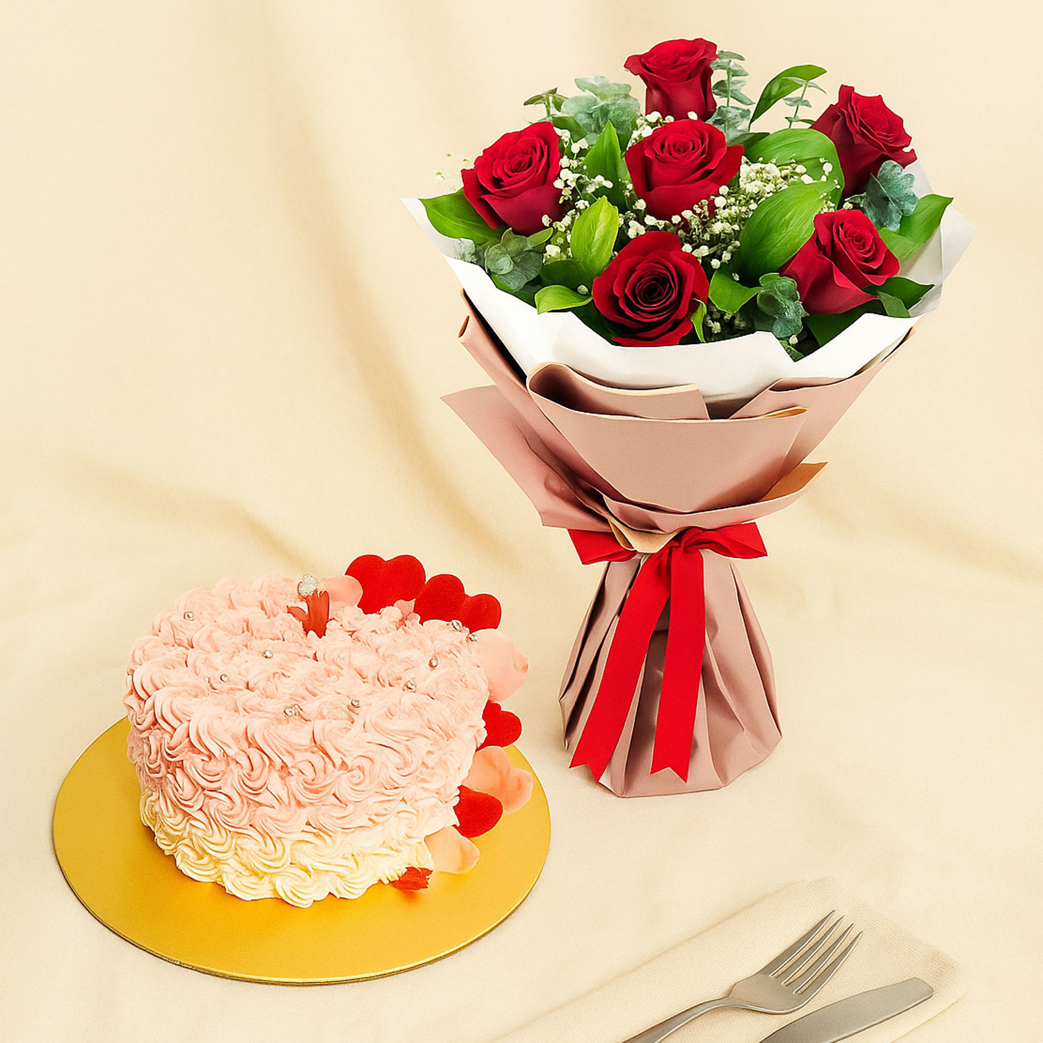 Elegant Red Roses with French Chocolate Cake Delivery in Singapore - FNP SG