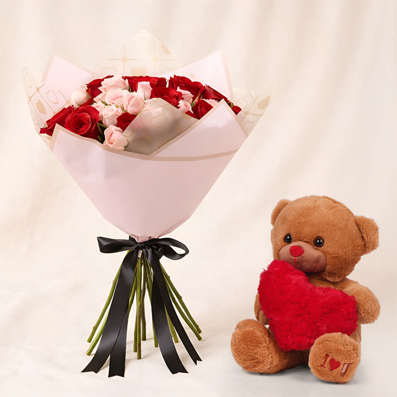 Elegant Duo of Roses Bouquet with Teddy Delivery in Singapore - FNP SG