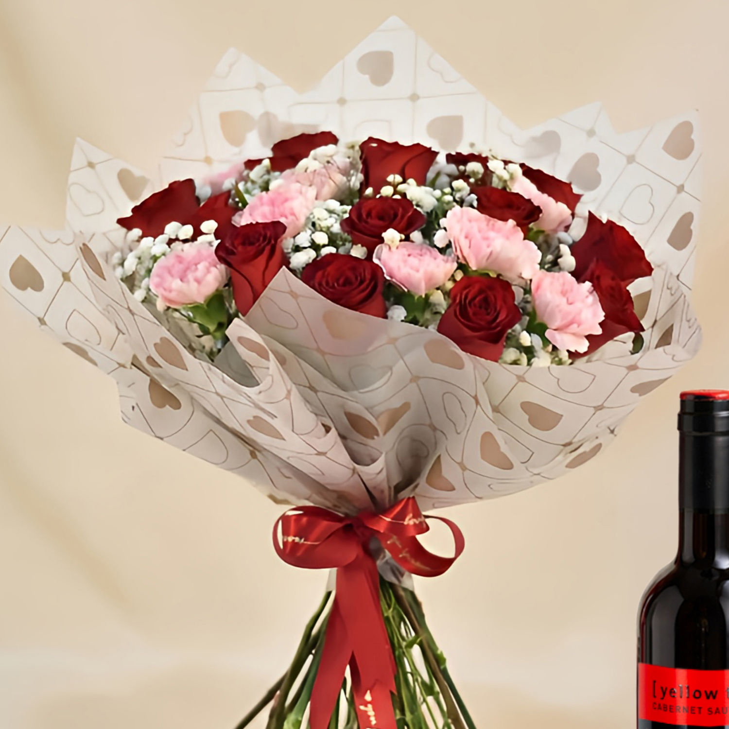 Carnation & Red Roses Bouquet with Wine Delivery in Singapore - FNP SG