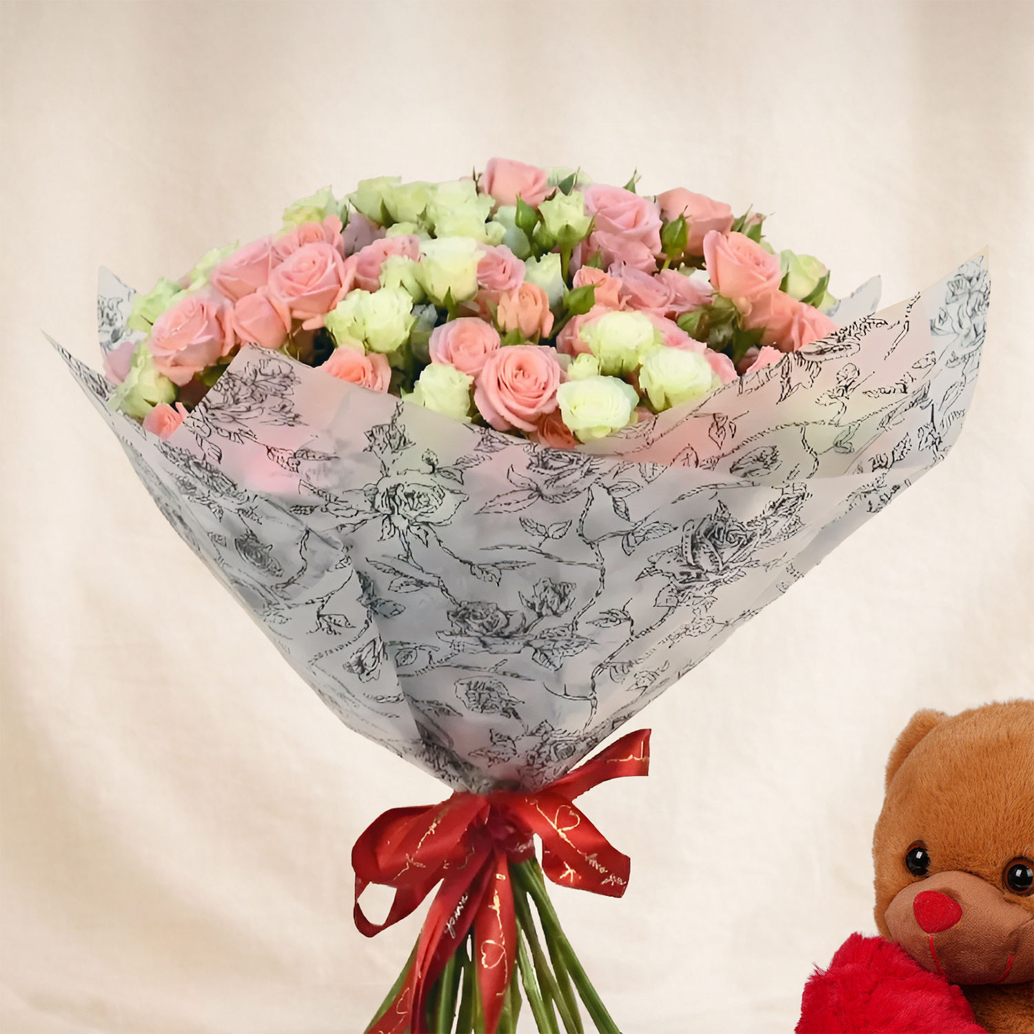 Joy of Love Spray Roses Bouquet with Teddy Delivery in Singapore - FNP SG