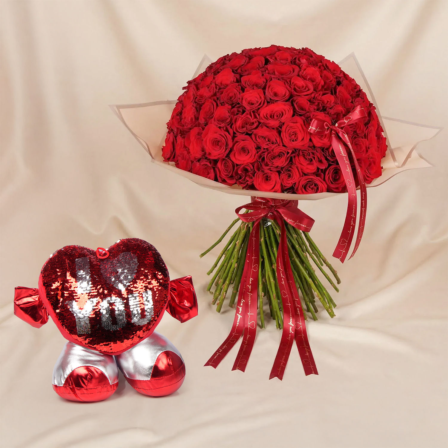 90 Roses 99 Red Roses Bouquet with Cushion Delivery in Singapore - FNP SG