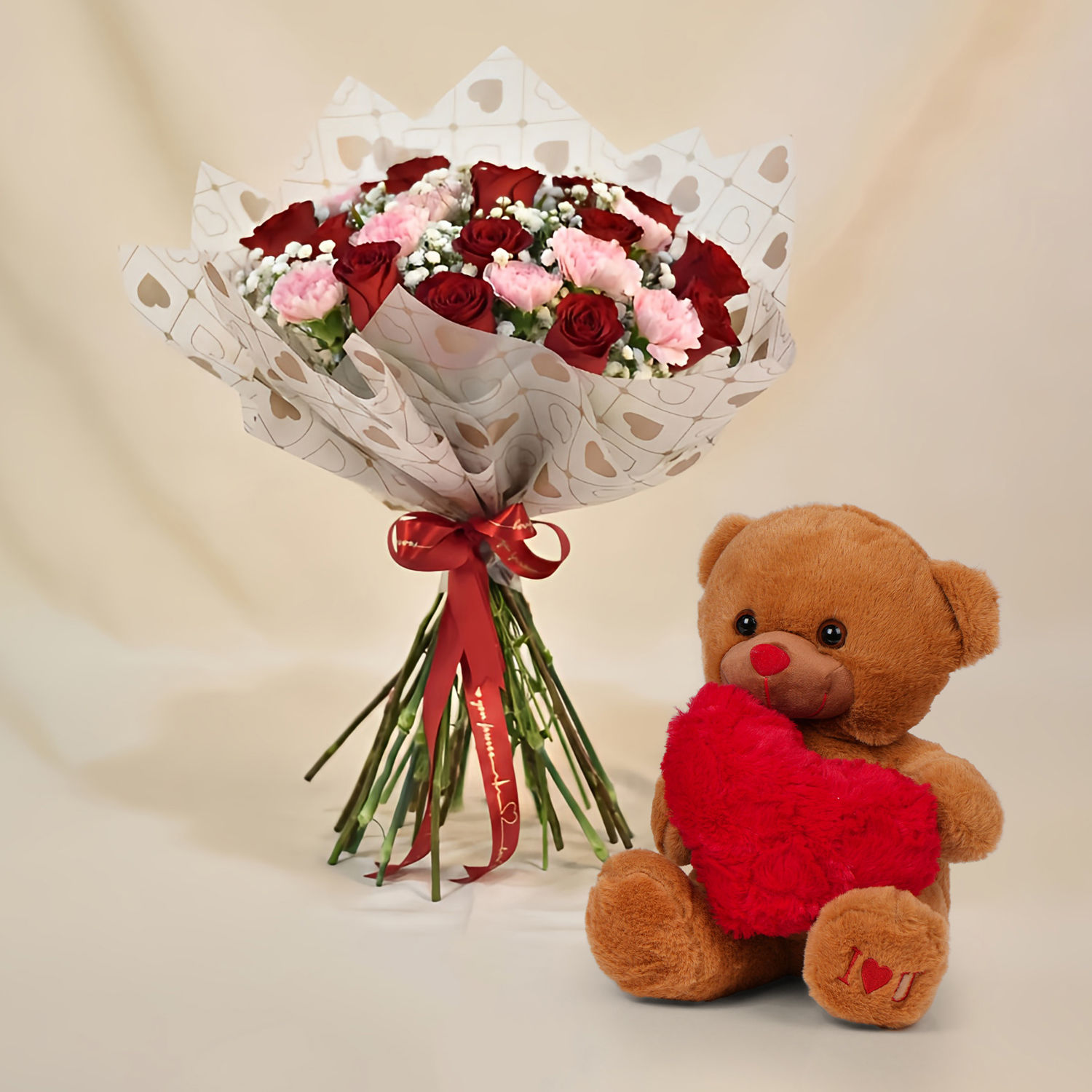 Carnation n Red Roses Bouquet with Teddy Delivery in Singapore - FNP SG