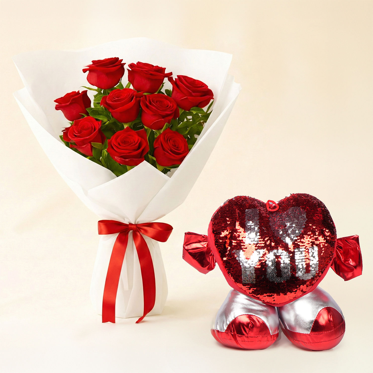 Love 9 Red Roses Bouquet n Heart Cushion Delivery in Singapore - FNP SG