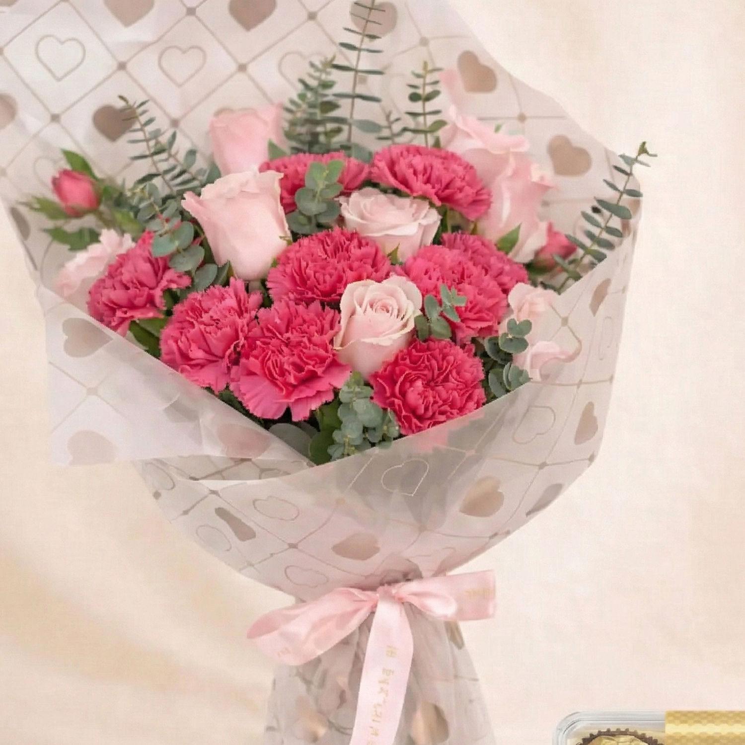 Roses and Carnation Blush Bouquet and Chocolates Delivery in Singapore ...