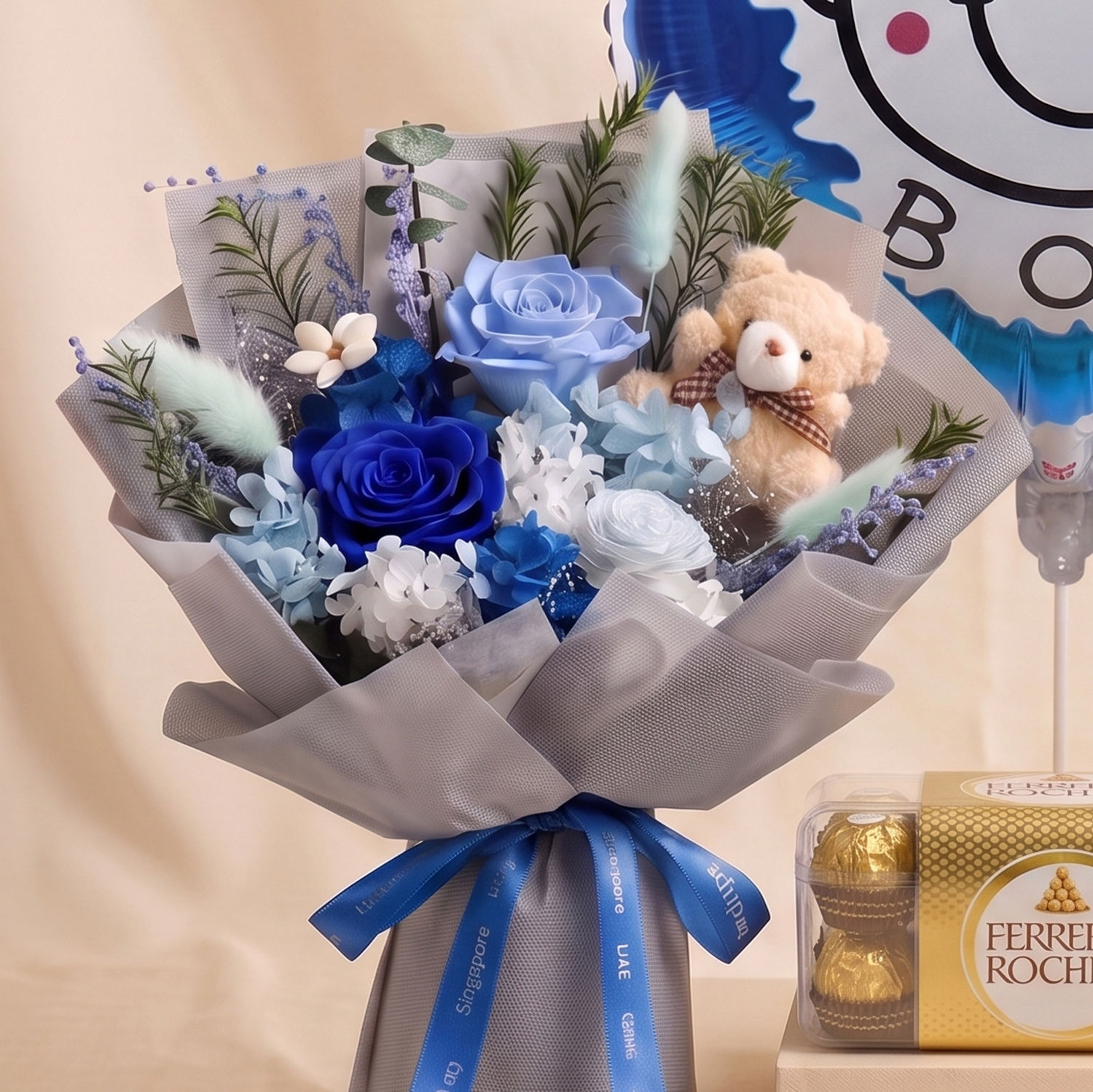 Preserved Rose Bouquet with Teddy Bear for Baby Boy Delivery in ...